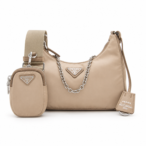 Beige Chain Shoulder Bag with Mini Pouch