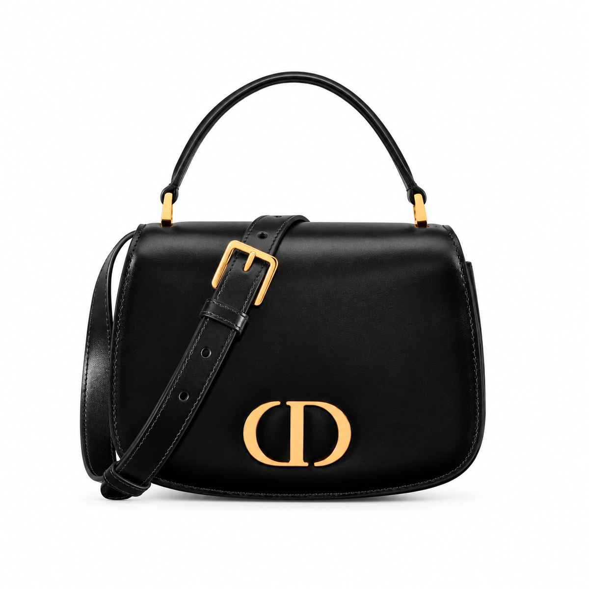 Black Top Handle Bag with Gold CD Clasp on a white background