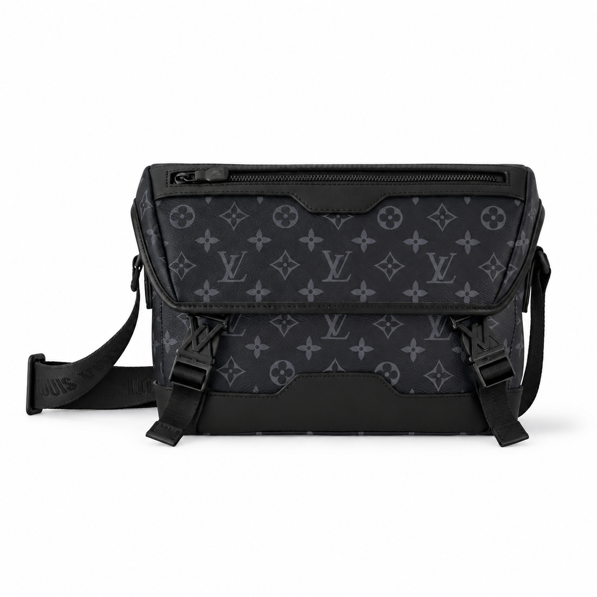 Black & Grey Monogram Messenger Bag with Buckles on a white background