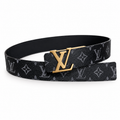 Black & Grey Monogram Belt with Gold LV Buckle on a white background