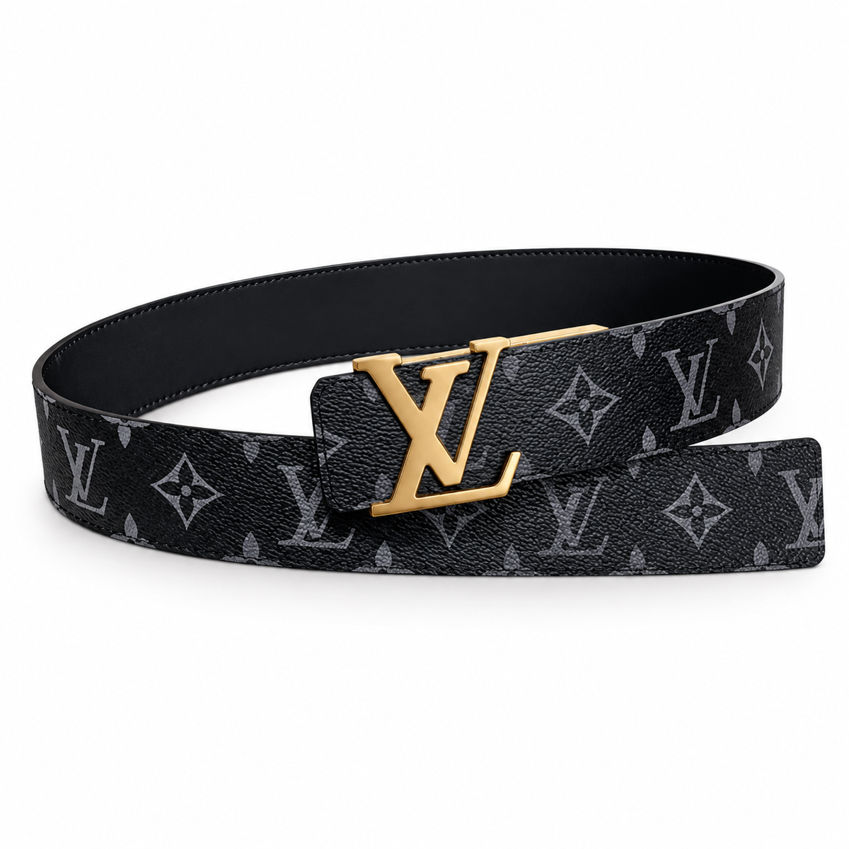 Black & Grey Monogram Belt with Gold LV Buckle on a white background