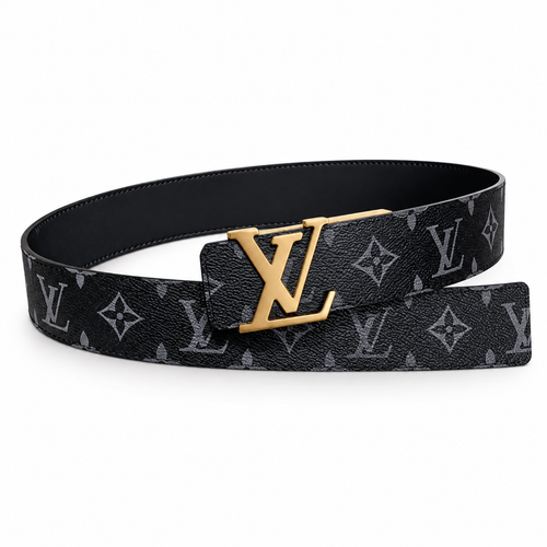 Black & Grey Monogram Belt with Gold LV Buckle on a white background