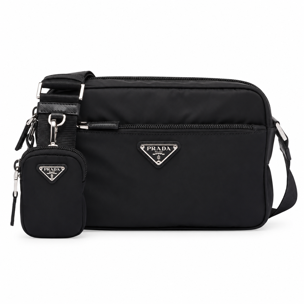 Black Nylon Crossbody Bag with Mini Pouch on a white background