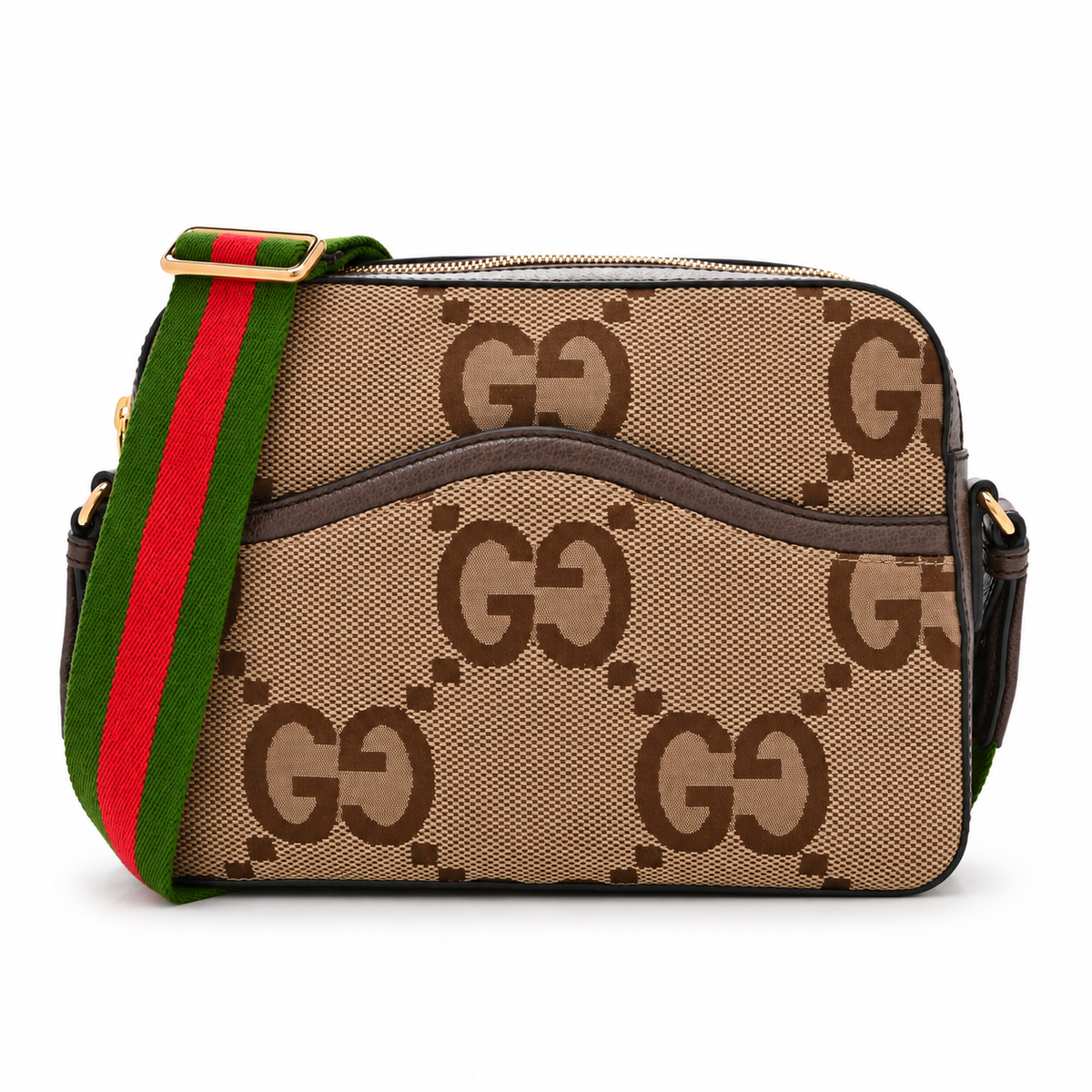 Brown Patterned Crossbody Bag with Green & Red Strap on a white background