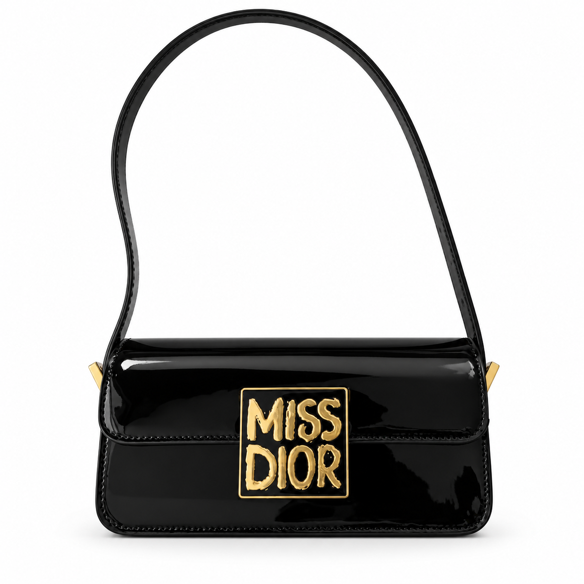 Glossy black shoulder bag with gold Miss Dior plaque on a white background