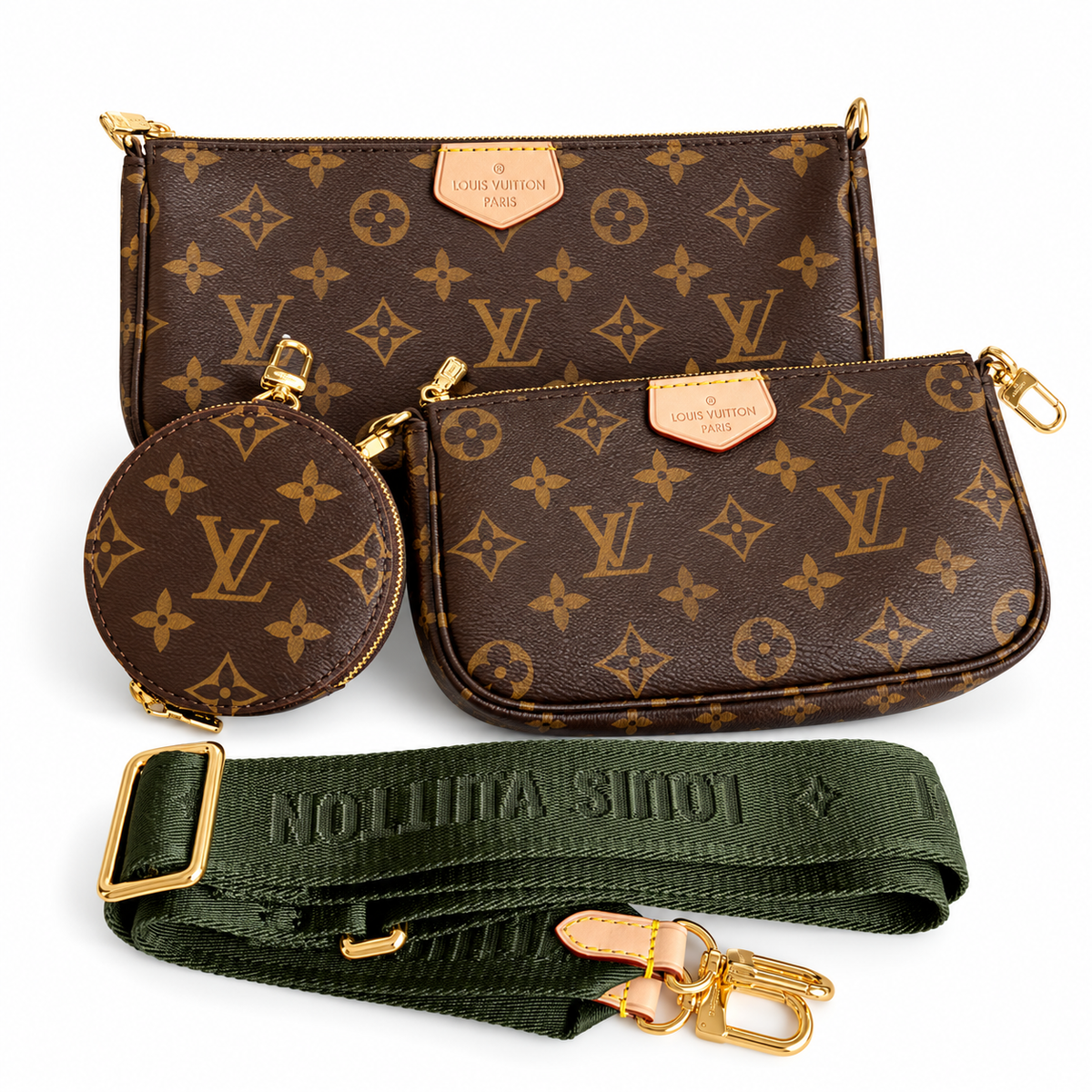 Monogram Multi-Pouch Bag with Green Strap on a white background