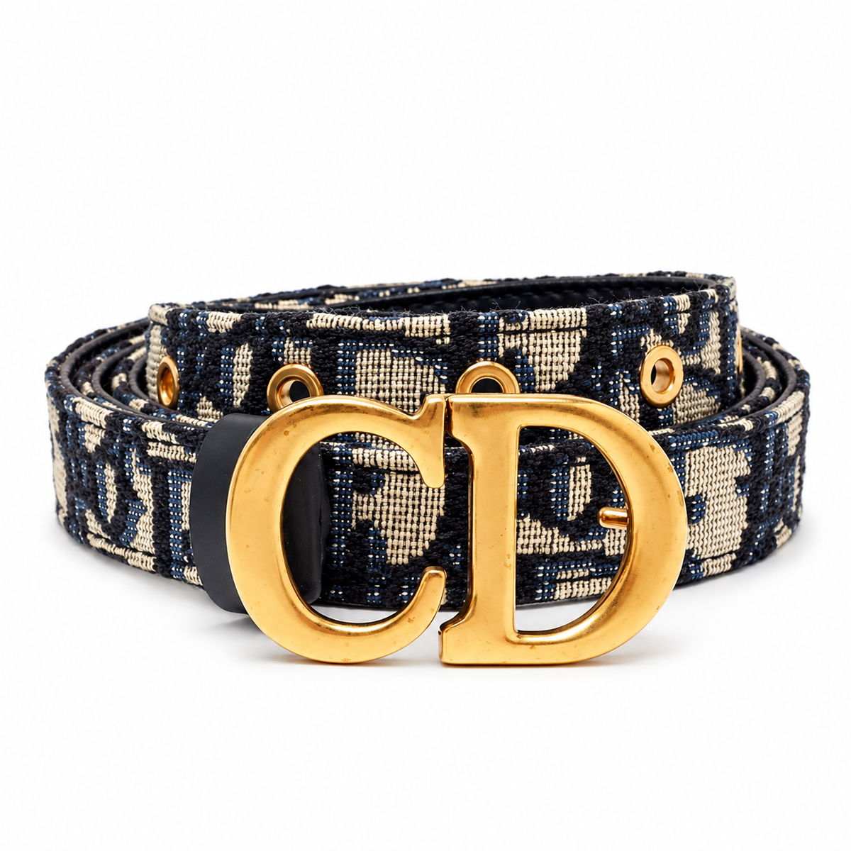 Navy & Cream Eyelet Belt with Gold CD Buckle on a white background
